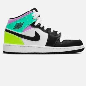 Kids Jordan 1 Mid White/Black Volt Green Glow Size:13c